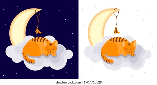 Cute red kitten sleeping on a cloud on a blue or white background