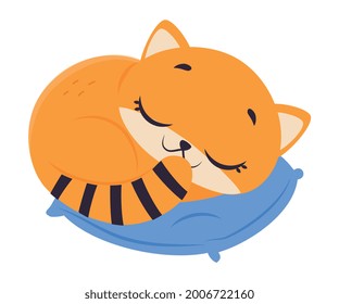 Cute Red Kitten Sleeping on Pillow, Adorable Funny Pet Baby Animal Cartoon Vector Illustration