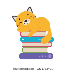 Cute red kitten sleeping on pile of books cartoon vector illustration