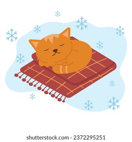 A cute red kitten sleeps on a blanket, curled up in a ball. Relaxed feline on a checkered blanket, cozy winter evening. Vector illustration on a blue background with snowflakes.