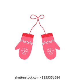 Cute red knitted mittens with snowflake christmas print icon. Cold weather, winter outdoor leisure activity cloth with traditional ornament. Vector isolated illustration.