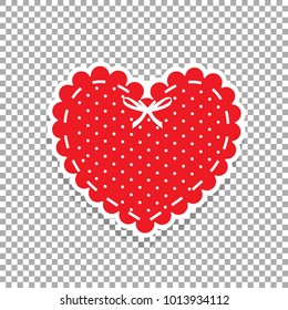 Cute red lacy heart with white polka dots pattern and ribbon isolated on transparent background. Scrapbook design element. Valentine's day or love wedding sticker, clip art, detail for greeting card.