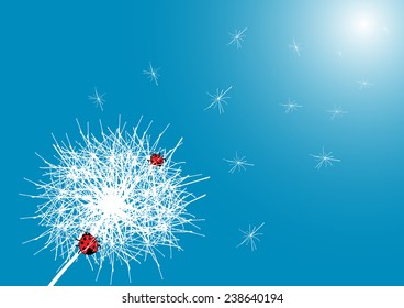 Cute red ladybird on the dandelion flower- Vector illustration 