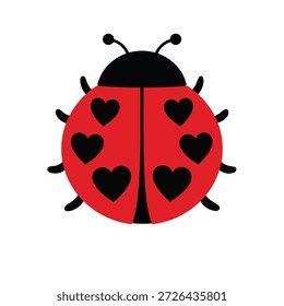 Cute red ladybug with black heart shaped spots vector illustration icon in flat cartoon style isolated