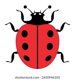 Cute Red Ladybug with Black Spots and Antennae Vector Illustration. A bright red shell with six bold black spots, curly black legs, and two curved antennae with round tips.