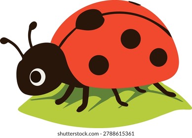 A cute red ladybug with black spots sitting on a green leaf, illustrated in a cheerful flat vector cartoon style, perfect for children's educational and nature-themed designs.
