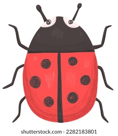Cute red ladybug with texture in childlike cartoon style
