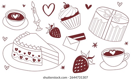 Cute red line art of cakes strawberries tea and a candle