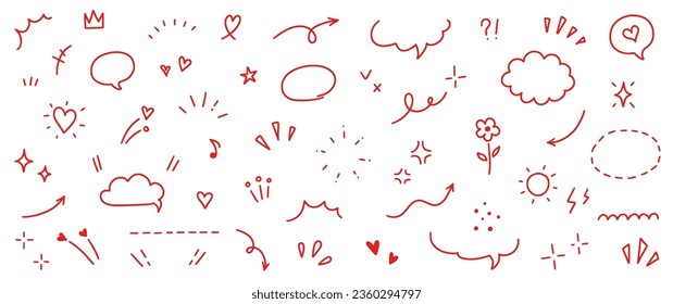 Cute red line icon sketch element. Handgezeichnete rote Linie Sketch Text Dekoration Stern Funkeln, Pfeil, Herz-Element-Set. Einfach gezeichnete Sonnenbrille, Blume, Betonsymbol Hintergrund. Vektorgrafik