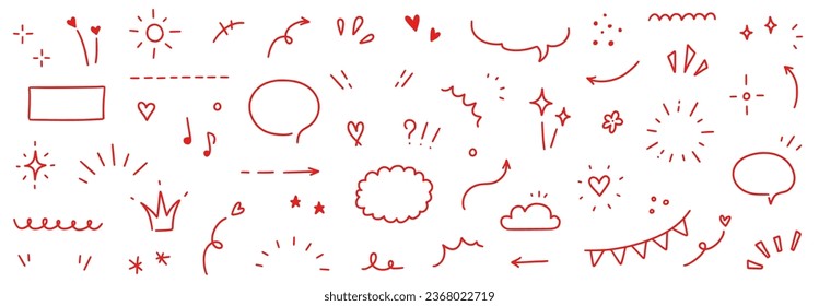 Cute red line icon sketch element. Hand drawn red line sketch text decoration star sparkle, arrow, heart element set. Simple drawn sun sparkle, flower, emphasis symbol background. Vector illustration