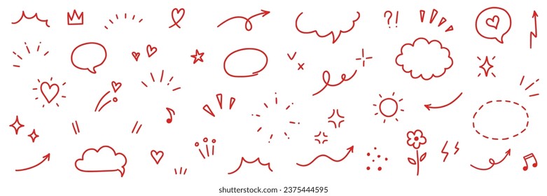 Elemento de esbozo de icono de línea roja recortada. Esbozo de línea roja dibujado a mano decoración de texto estrella, flecha, conjunto de elementos del corazón. Sencillo destello de sol dibujado, flor, fondo de símbolo de énfasis. Ilustración del vector