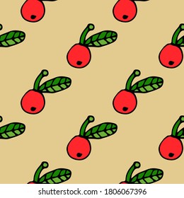 Cute red Lingonberry with leaf seamless pattern. Fruit background. Vector illustration.  