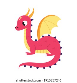 Cute Red Little Dragon with Wings, Funny Baby Dinosaur Fairy Tale Character Cartoon Style Vector Illustration