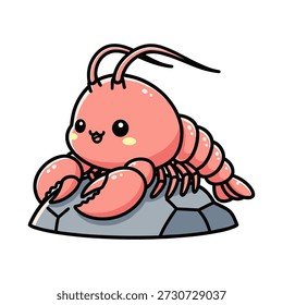 Cute red lobster character with a shell and antennae sitting on a rock cartoon