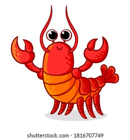 Cute red lobster with claws on a white background. Vector illustration with a sea animal on a marine theme in a cartoon style.