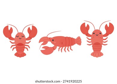 Cute Red Lobster Vector Character Set, Sea Life Animal Illustration, Marine Crustacean Collection for Seafood Menu and Kids