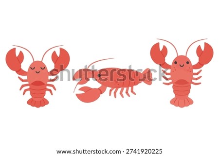 Cute Red Lobster Vector Character Set, Sea Life Animal Illustration, Marine Crustacean Collection for Seafood Menu and Kids