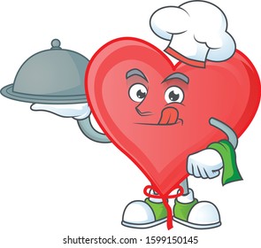 Cute red love balloon as a Chef with hat and tray cartoon style design
