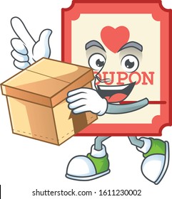 Cute red love coupon cartoon character having a box