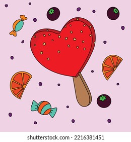 Helado de forma de amor rojo lindo con chocolate y loncha de limón decorado fondo de arte vectorial