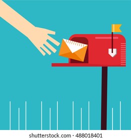 cute red mailbox there is hand going to receive or send letter vector illustration