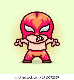 CUTE RED MASKED MALE WRESTLER IN RED PANTS READY TO FIGHT.