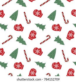 cute red mittens with snowflakes glove green christmas tree candy cane on a white background  pattern seamless vector