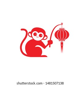 Cute red monkey holdings Chinese lantern. Big eyes little ape with traditional paper light. Symbol for Chinese year horoscope.