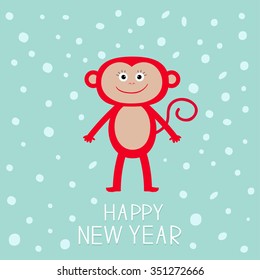 Cute red monkey on snow background. Happy New Year 2016.  Baby illustration. Greeting card  Flat design. Vector illustration