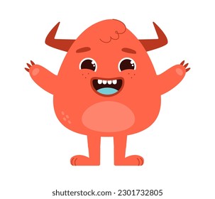 Cute red monster. Alien and demon with horns. Sticker for social networks and messengers. Imagination and fantasy. Symbol of Halloween. Cartoon flat vector illustration isolated on white background