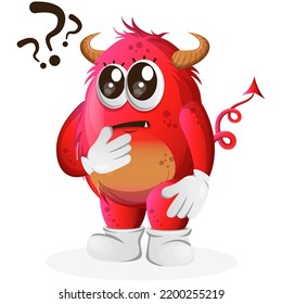 Un monstruo rojo lindo haciendo preguntas. Perfecto para niños, pequeñas empresas o comercio electrónico, mercadería y pegatinas, promoción de banners, blog o canal de vlog