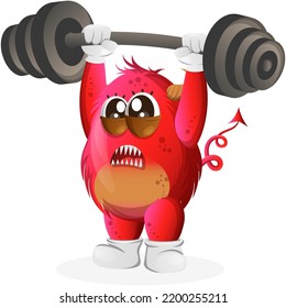 Cute red monster bodybuilding with barbell flexing muscles. Perfect for kids, small business or e-Commerce, merchandise and sticker, banner promotion, blog or vlog channel