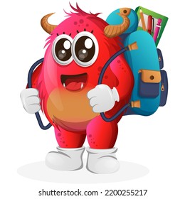 Cute red monster carrying a schoolbag, backpack, back to school. Perfect for kids, small business or e-Commerce, merchandise and sticker, banner promotion, blog or vlog channel