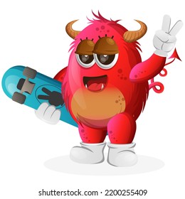 Cute red monster carrying a skateboard. Perfect for kids, small business or e-Commerce, merchandise and sticker, banner promotion, blog or vlog channel