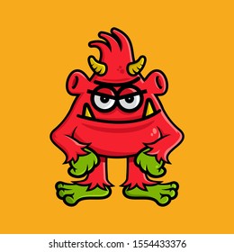 Cute Red Monster Cartoon illustration or Logo Design Vector