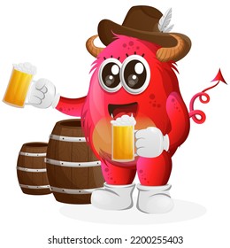 Cute red monster celebrate oktoberfest with holding beer. Perfect for kids, small business or e-Commerce, merchandise and sticker, banner promotion, blog or vlog channel