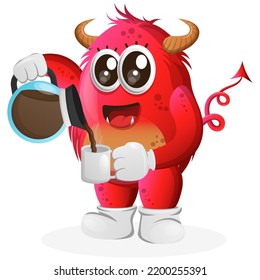 Cute red monster drinking coffee, coffee time. Perfect for kids, small business or e-Commerce, merchandise and sticker, banner promotion, blog or vlog channel
