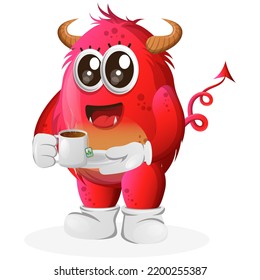 Cute Red Monster Drinking Tea, Tea Time. Perfect For Kids, Small Business Or E-Commerce, Merchandise And Sticker, Banner Promotion, Blog Or Vlog Channel
