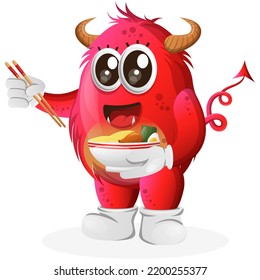 Cute red monster eat ramen. Perfect for kids, small business or e-Commerce, merchandise and sticker, banner promotion, blog or vlog channel
