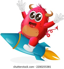 Cute red monster flying on rocket. Perfect for kids, small business or e-Commerce, merchandise and sticker, banner promotion, blog or vlog channel