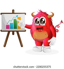 Cute red monster gives report presentation, shows column graphics. Perfect for kids, small business or e-Commerce, merchandise and sticker, banner promotion, blog or vlog channel