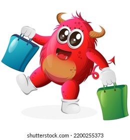 Cute red monster happy shopping. Perfect for kids, small business or e-Commerce, merchandise and sticker, banner promotion, blog or vlog channel
