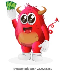 Cute red monster holding money. Perfect for kids, small business or e-Commerce, merchandise and sticker, banner promotion, blog or vlog channel