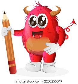 Cute red monster holding pencil. Perfect for kids, small business or e-Commerce, merchandise and sticker, banner promotion, blog or vlog channel