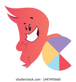 Cute red monster holding a pie chart. Vector illustration isolated on white background
