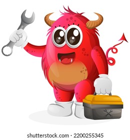 Cute red monster holding spanner and tolls box. Perfect for kids, small business or e-Commerce, merchandise and sticker, banner promotion, blog or vlog channel