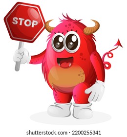 Cute red monster holding stop sign, street sign, road sign. Perfect for kids, small business or e-Commerce, merchandise and sticker, banner promotion, blog or vlog channel