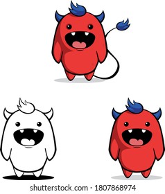 Cute red monster with horns and long tail