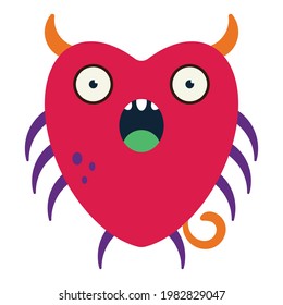 Cute red monster with horns vector cartoon character isolated on a white background.