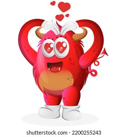 Cute red monster with love heart sign hand. Perfect for kids, small business or e-Commerce, merchandise and sticker, banner promotion, blog or vlog channel